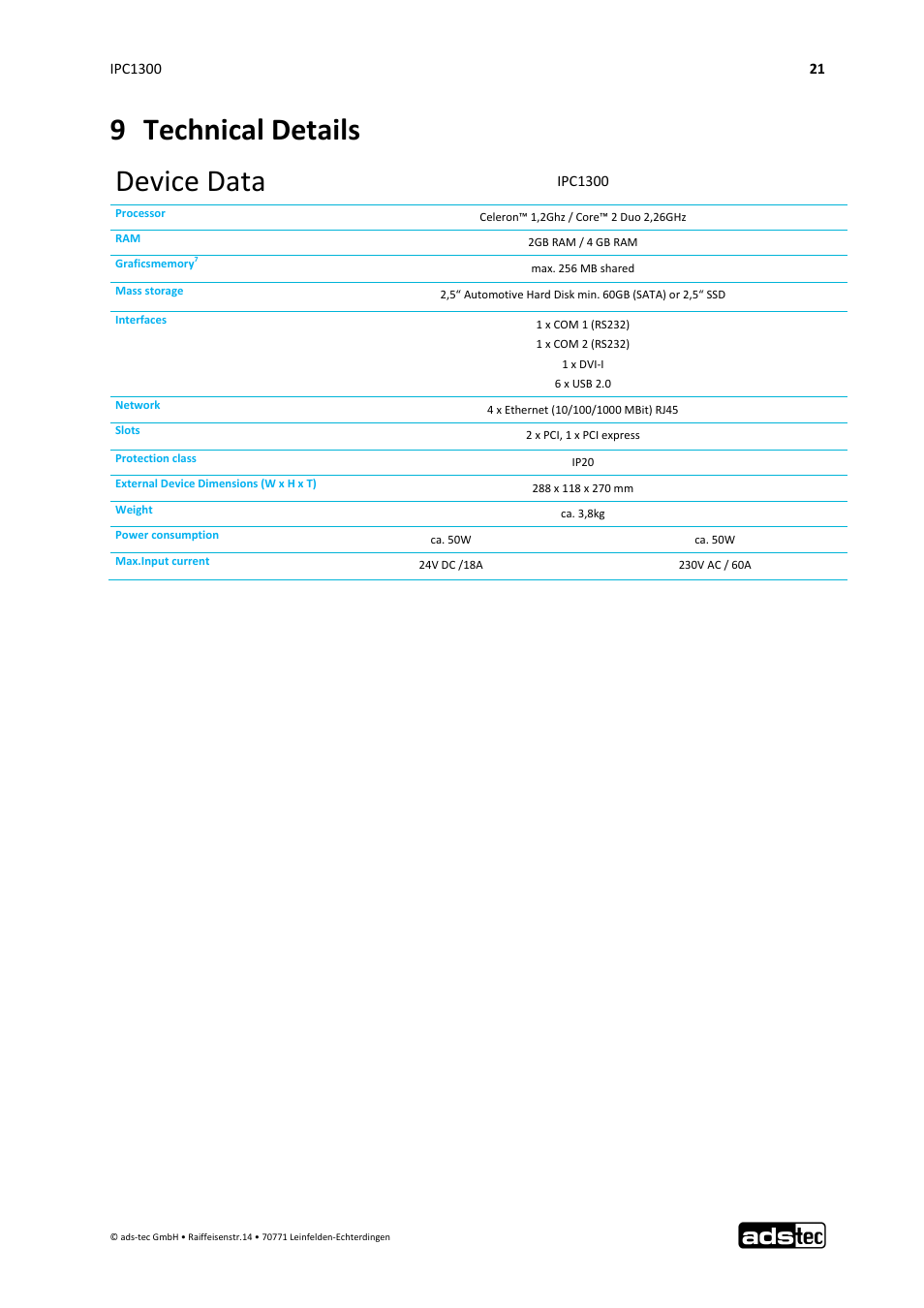9 technical details, Device data | ADS-TEC IPC1300 User Manual | Page 22 / 23