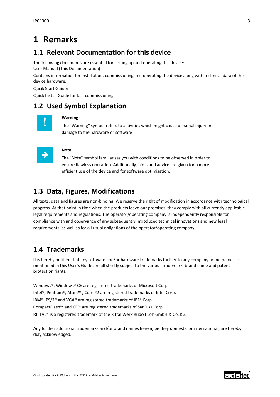 1 remarks, 1 relevant documentation for this device, 2 used symbol explanation | 3 data, figures, modifications, 4 trademarks | ADS-TEC IPC1300 User Manual | Page 4 / 23