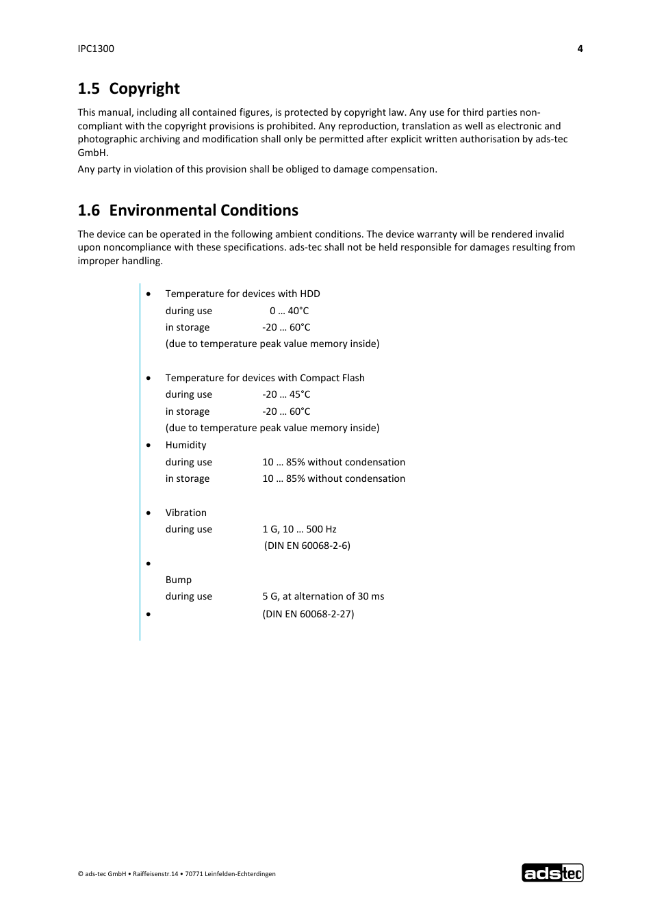 5 copyright, 6 environmental conditions | ADS-TEC IPC1300 User Manual | Page 5 / 23