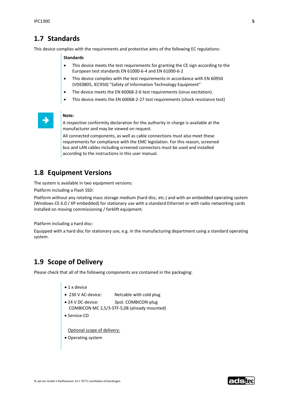 7 standards, 8 equipment versions, 9 scope of delivery | ADS-TEC IPC1300 User Manual | Page 6 / 23