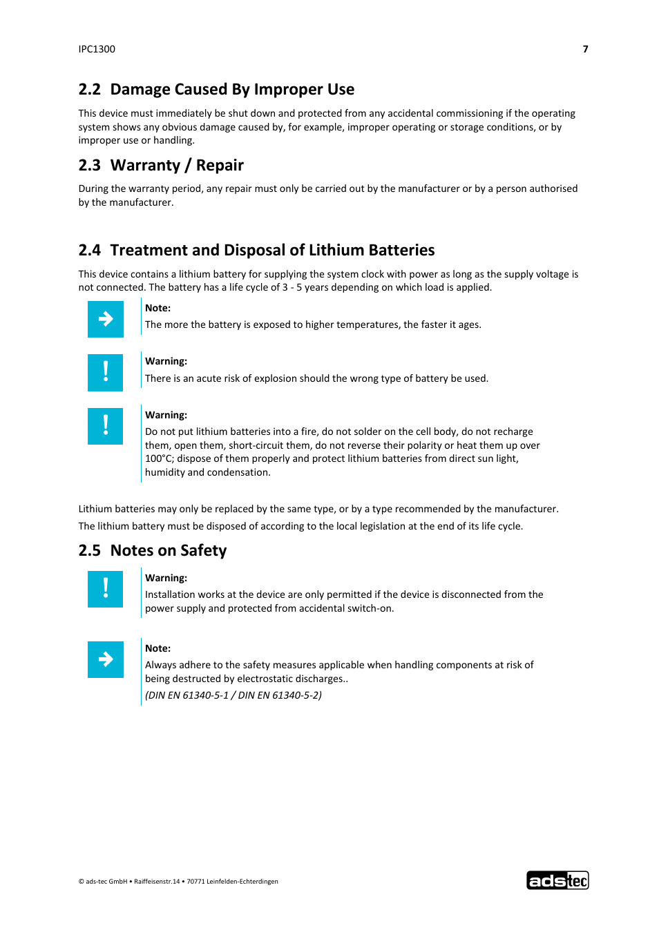 2 damage caused by improper use, 3 warranty / repair, 4 treatment and disposal of lithium batteries | ADS-TEC IPC1300 User Manual | Page 8 / 23