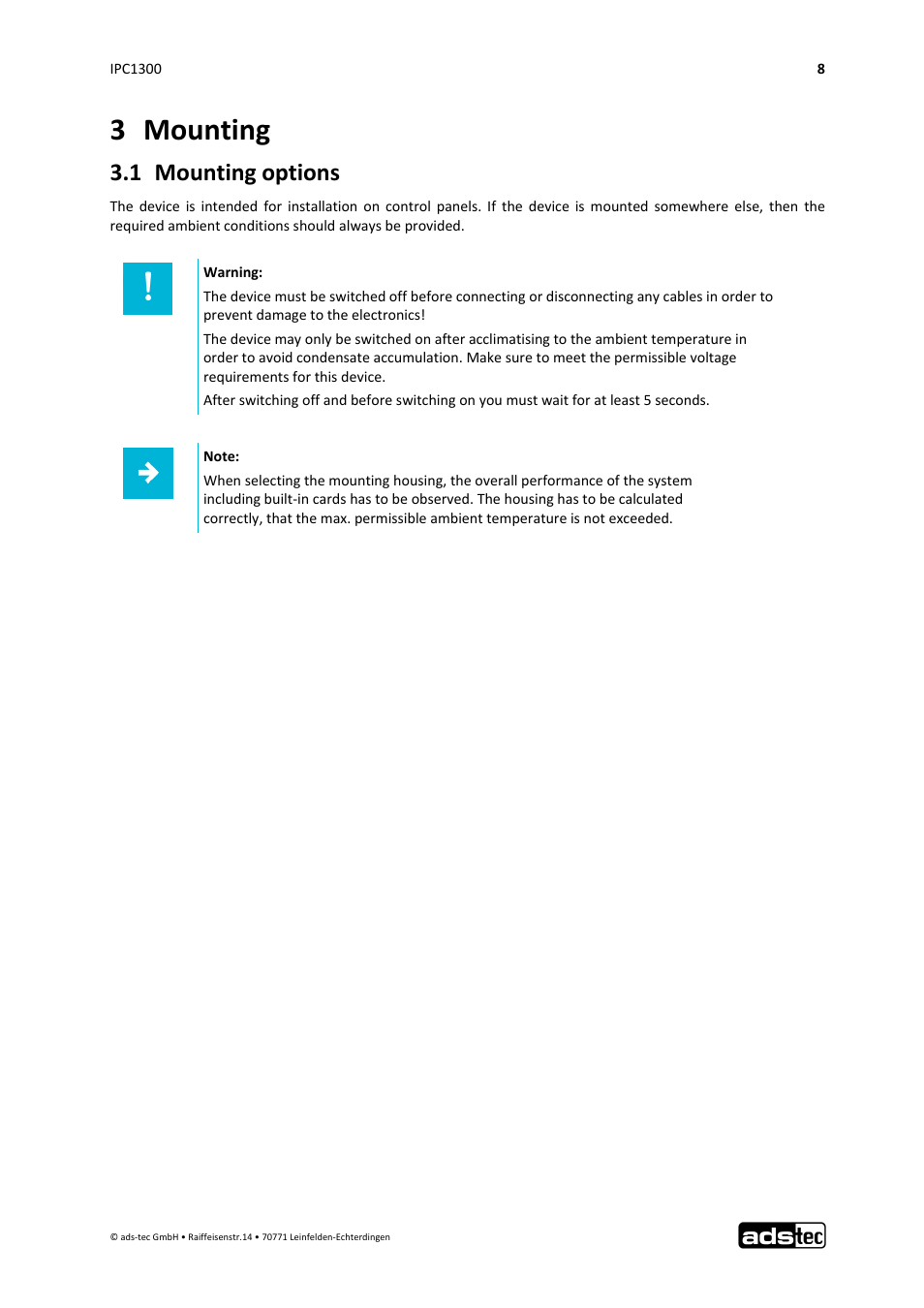 3 mounting, 1 mounting options | ADS-TEC IPC1300 User Manual | Page 9 / 23