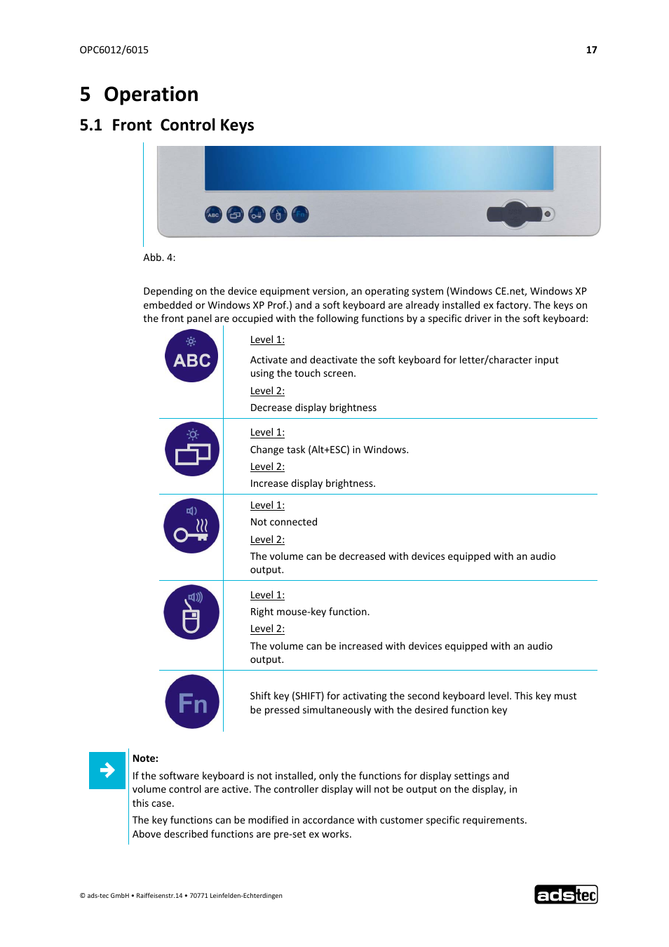 5 operation, 1 front control keys | ADS-TEC OPC6012/6015 User Manual | Page 18 / 41