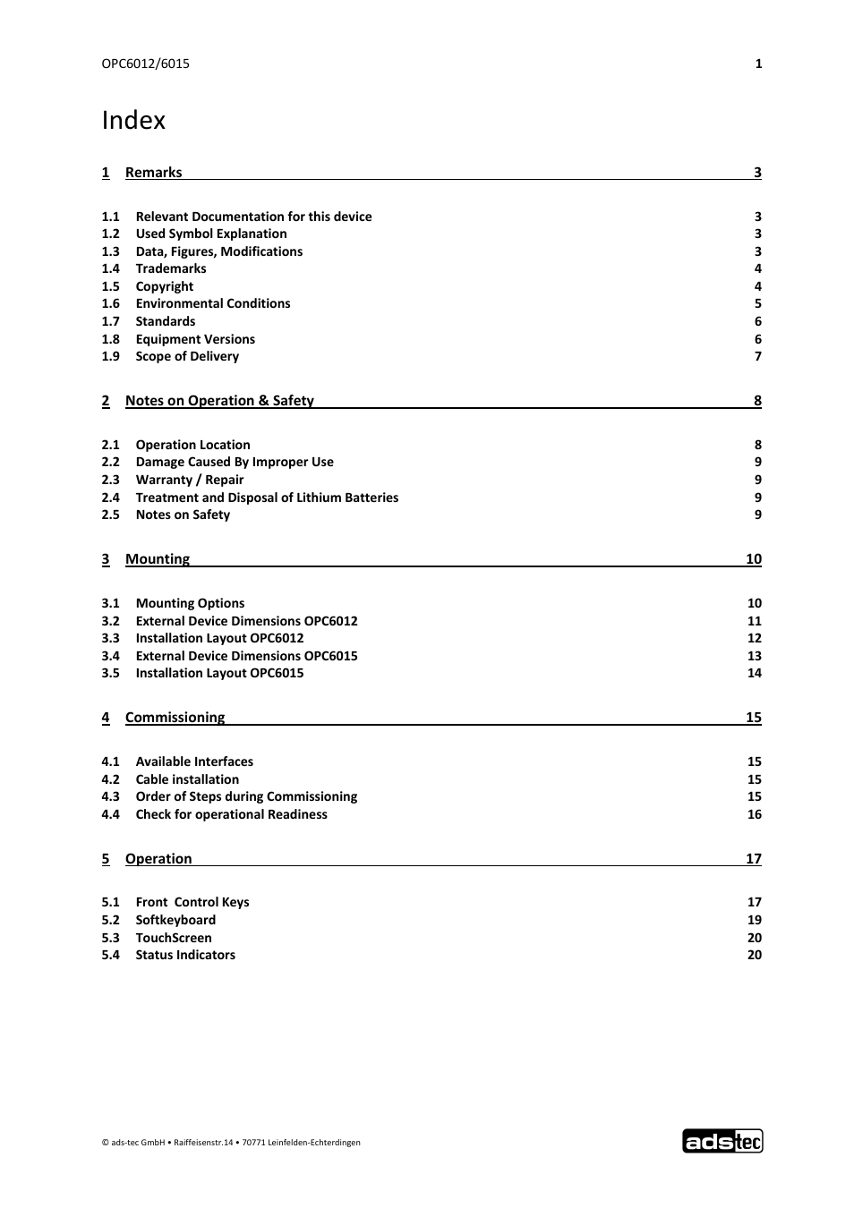 Index | ADS-TEC OPC6012/6015 User Manual | Page 2 / 41