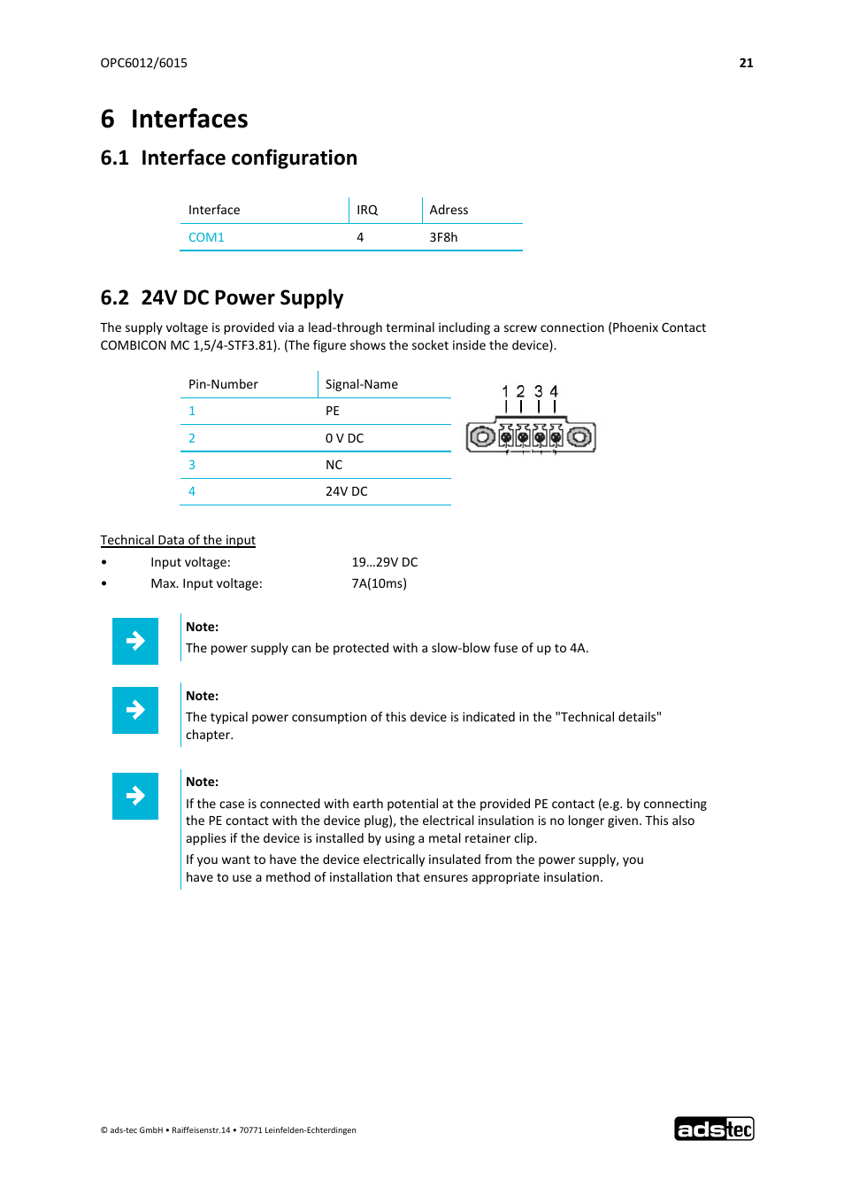 6 interfaces, 1 interface configuration, 2 24v dc power supply | ADS-TEC OPC6012/6015 User Manual | Page 22 / 41