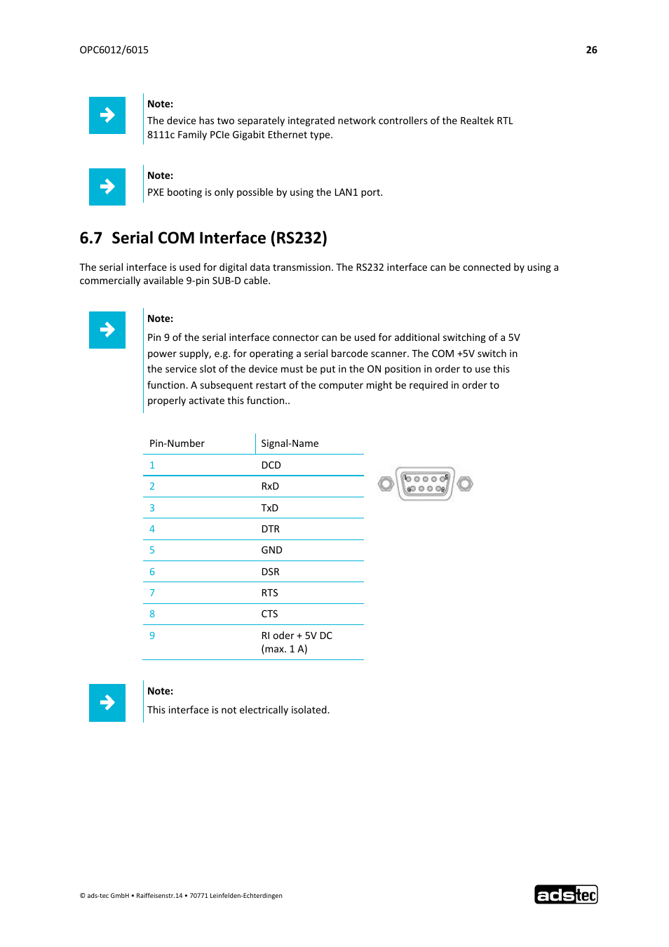 7 serial com interface (rs232) | ADS-TEC OPC6012/6015 User Manual | Page 27 / 41
