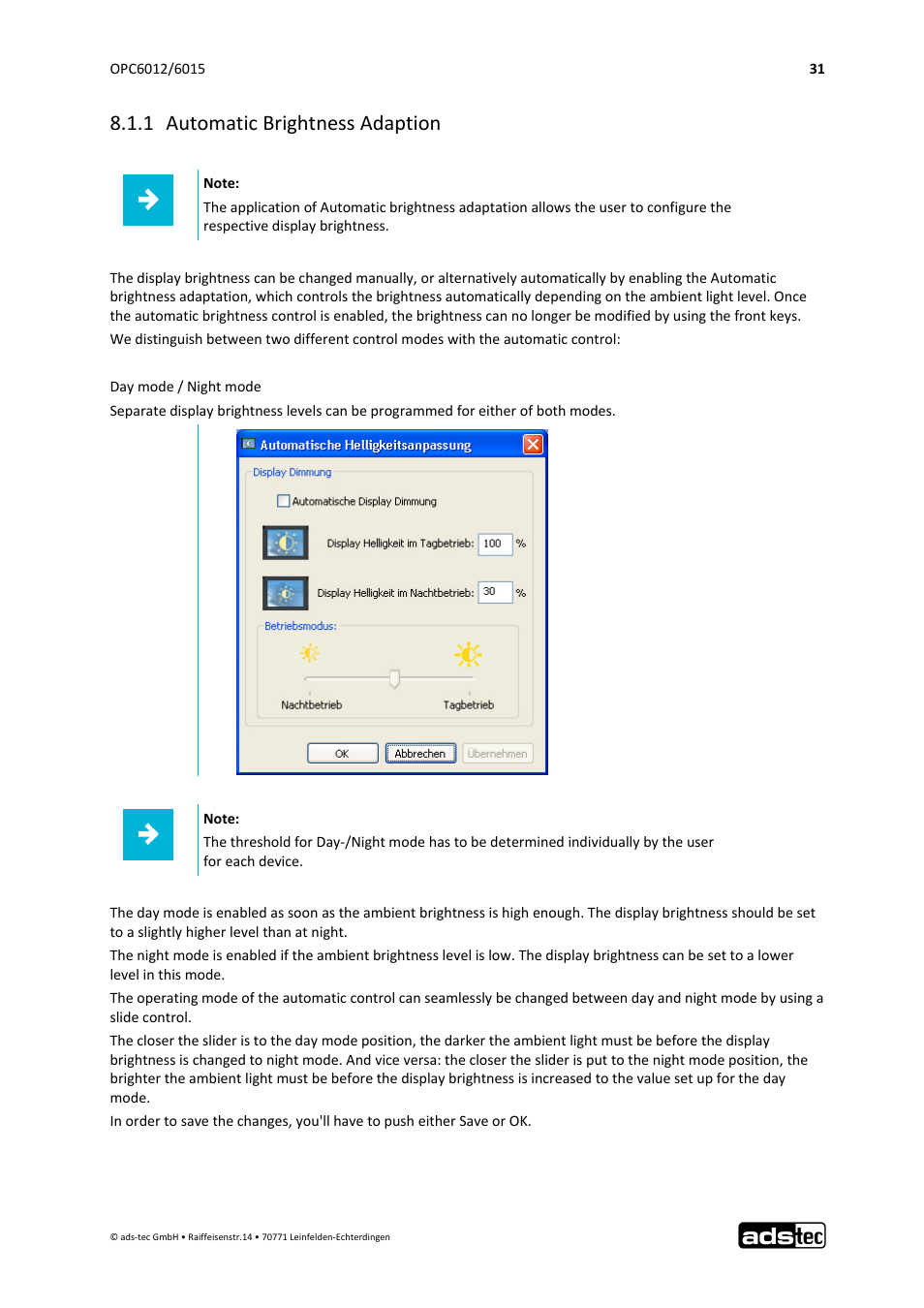 1 automatic brightness adaption | ADS-TEC OPC6012/6015 User Manual | Page 32 / 41