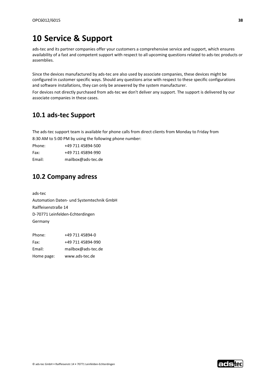10 service & support, 1 ads‐tec support, 2 company adress | ADS-TEC OPC6012/6015 User Manual | Page 39 / 41
