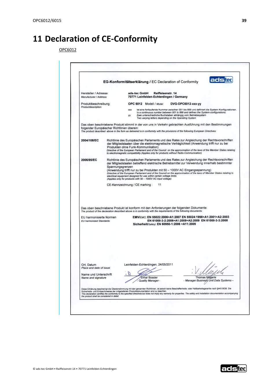 11 declaration of ce‐conformity | ADS-TEC OPC6012/6015 User Manual | Page 40 / 41