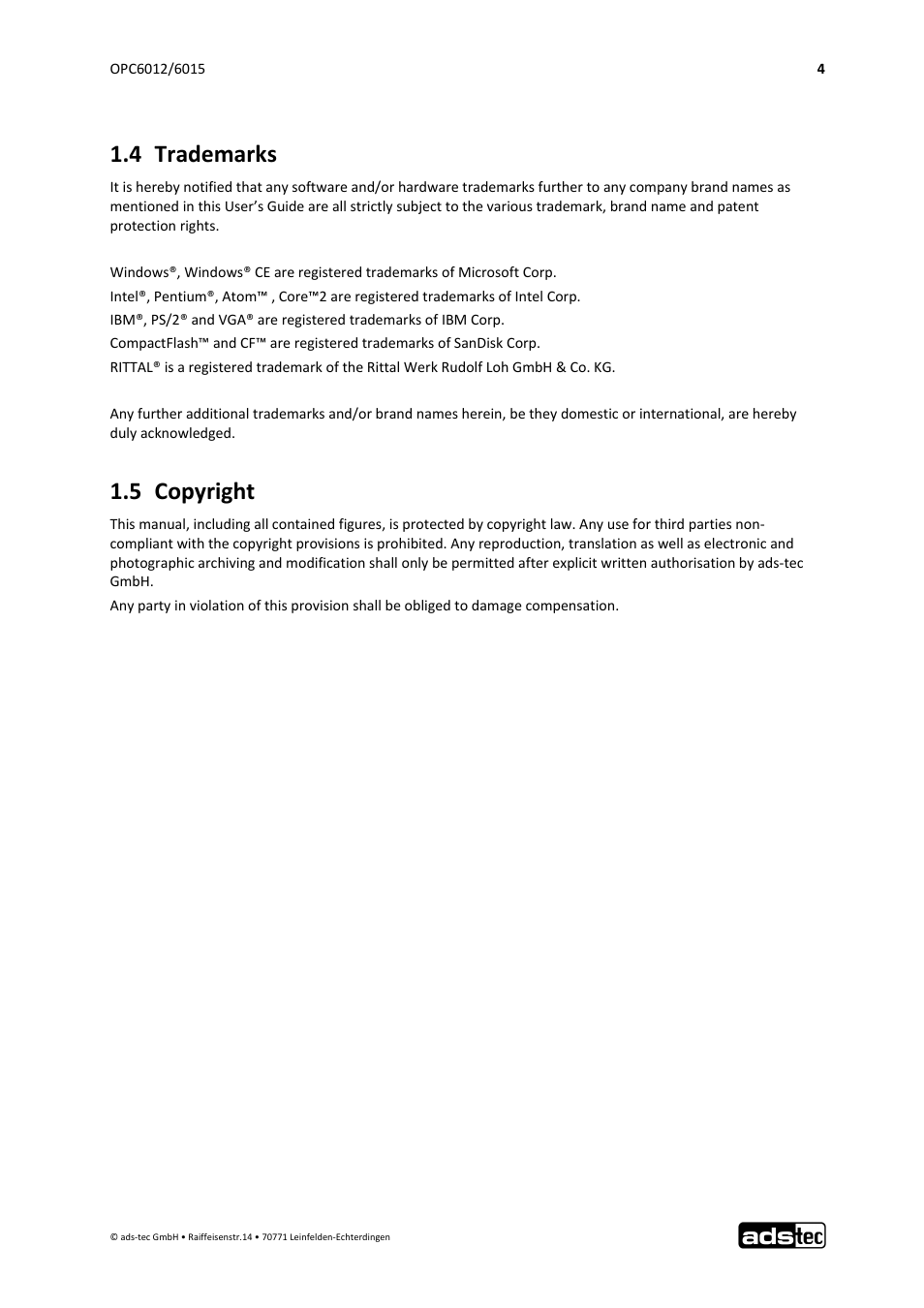 4 trademarks, 5 copyright | ADS-TEC OPC6012/6015 User Manual | Page 5 / 41