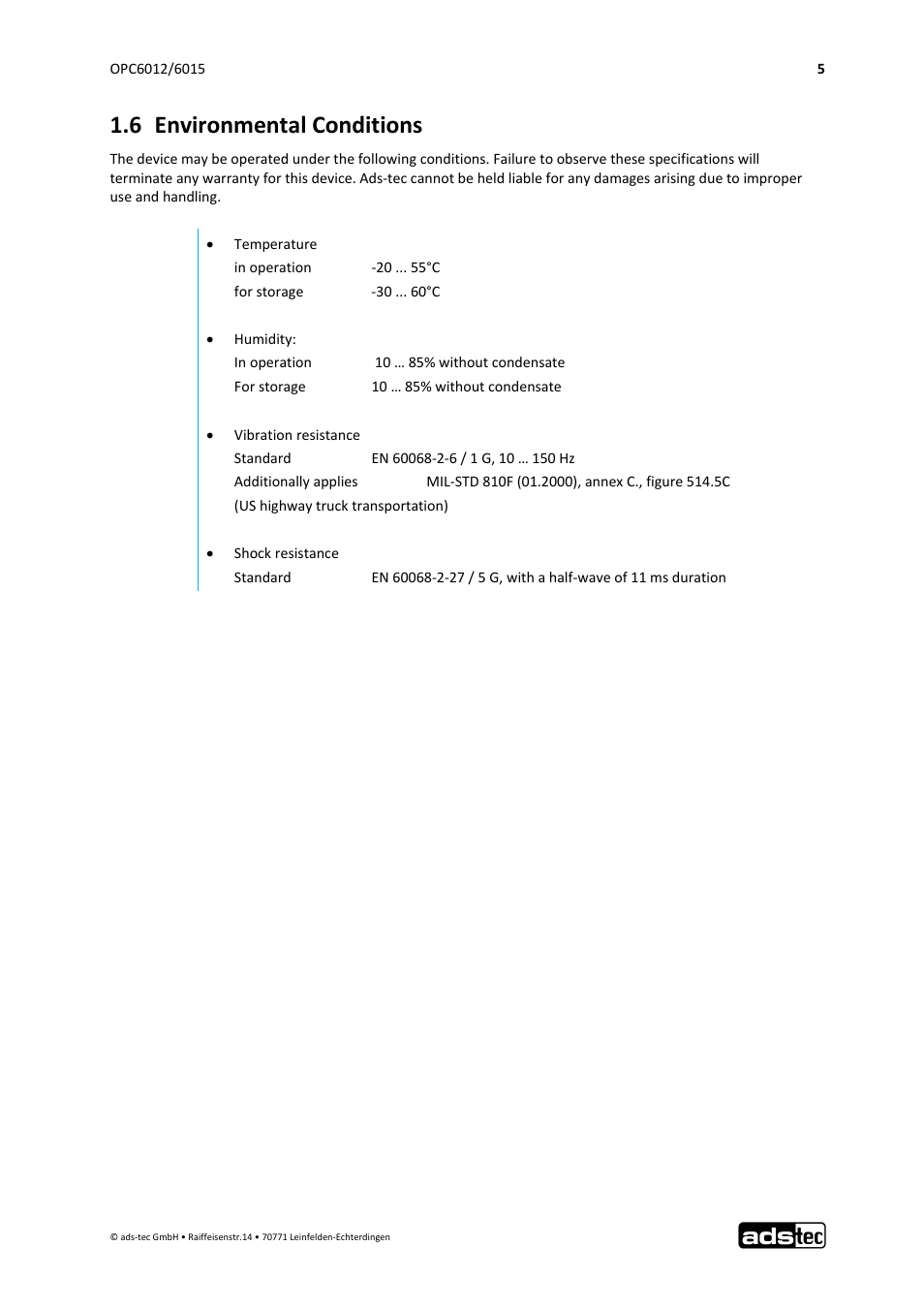 6 environmental conditions | ADS-TEC OPC6012/6015 User Manual | Page 6 / 41