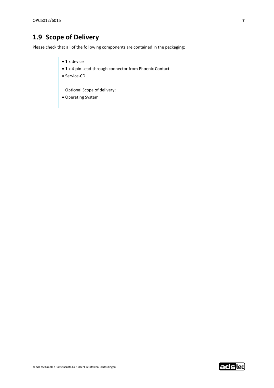 9 scope of delivery | ADS-TEC OPC6012/6015 User Manual | Page 8 / 41