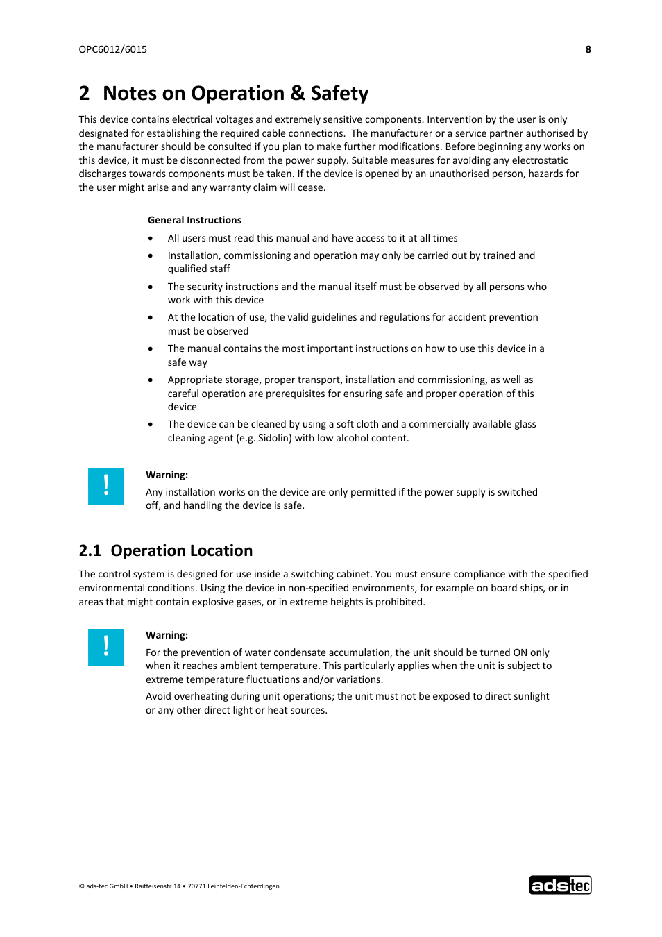 1 operation location | ADS-TEC OPC6012/6015 User Manual | Page 9 / 41