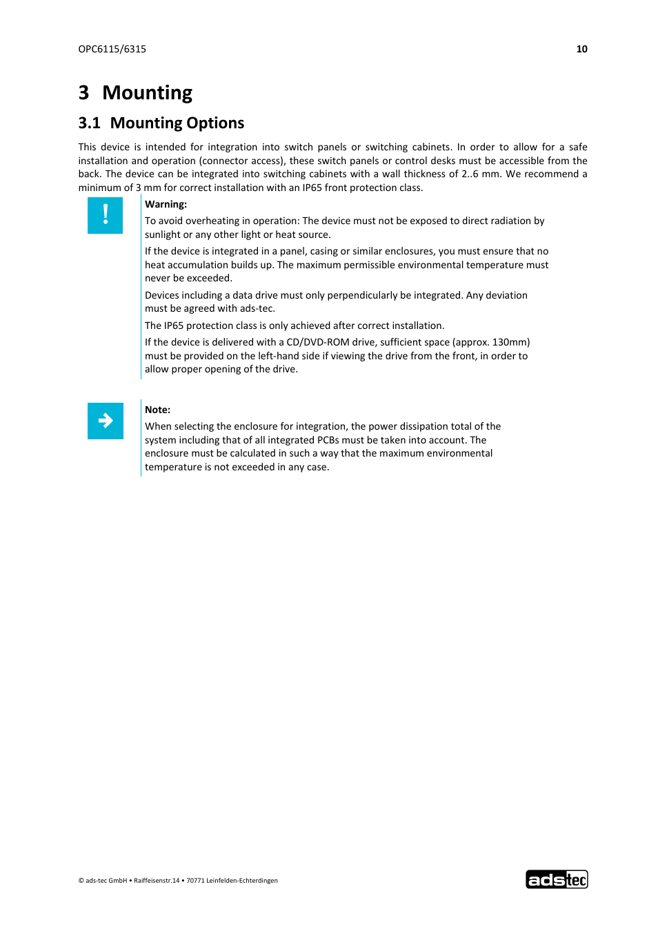 3 mounting, 1 mounting options | ADS-TEC OPC6115/6315 User Manual | Page 11 / 42