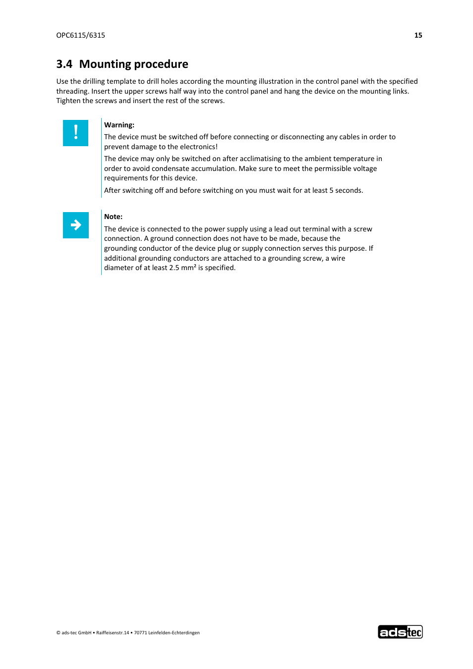 4 mounting procedure | ADS-TEC OPC6115/6315 User Manual | Page 16 / 42