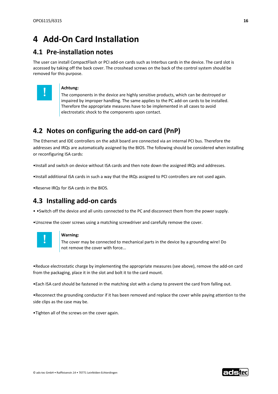 4 add‐on card installation, 3 installing add‐on cards | ADS-TEC OPC6115/6315 User Manual | Page 17 / 42
