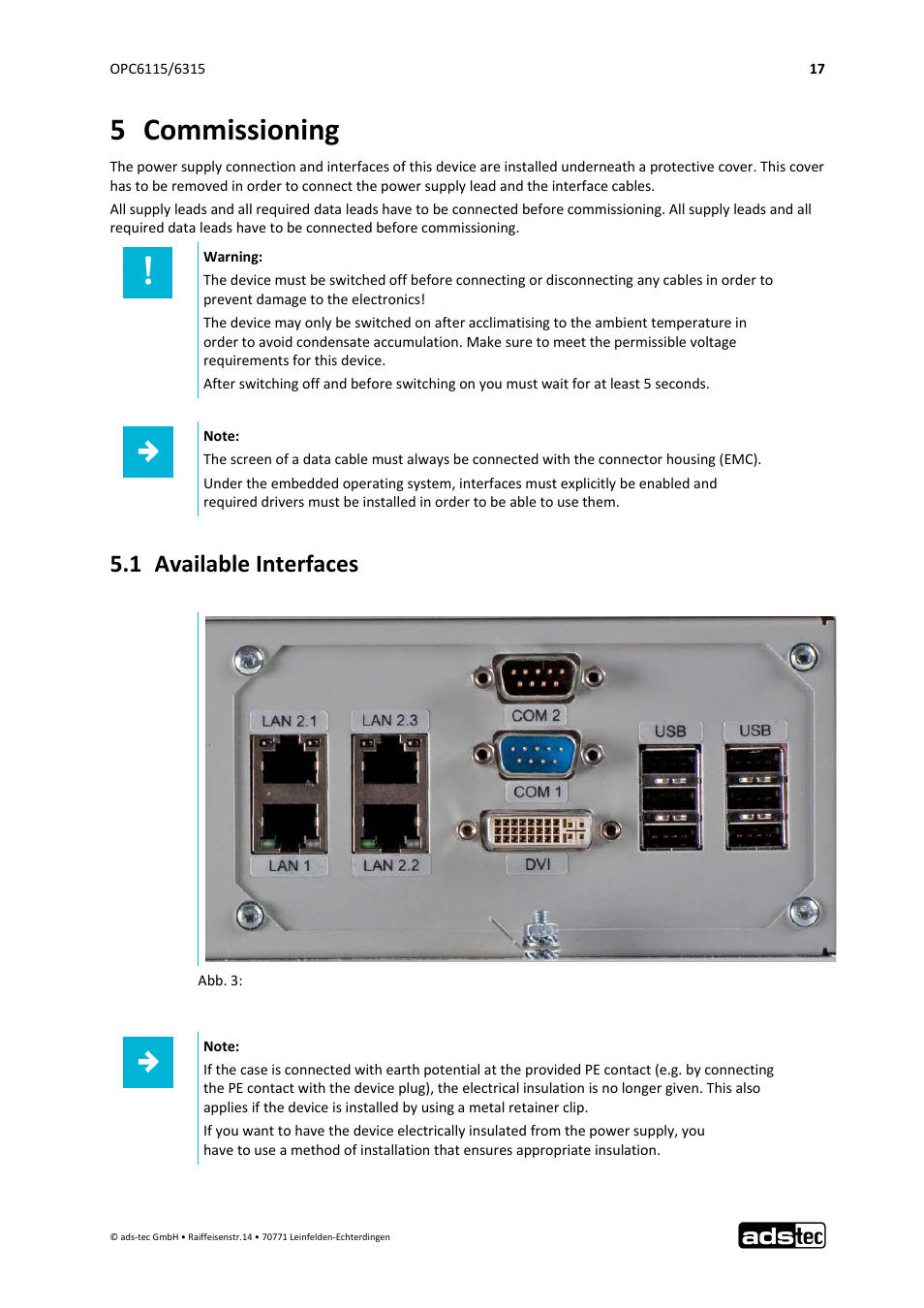 5 commissioning, 1 available interfaces | ADS-TEC OPC6115/6315 User Manual | Page 18 / 42