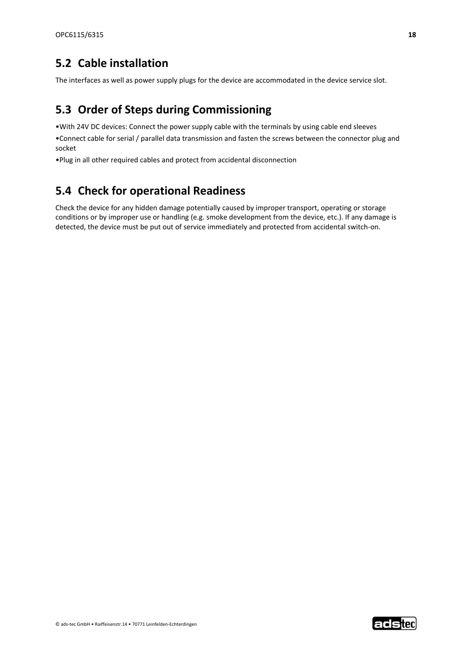 2 cable installation, 3 order of steps during commissioning, 4 check for operational readiness | ADS-TEC OPC6115/6315 User Manual | Page 19 / 42