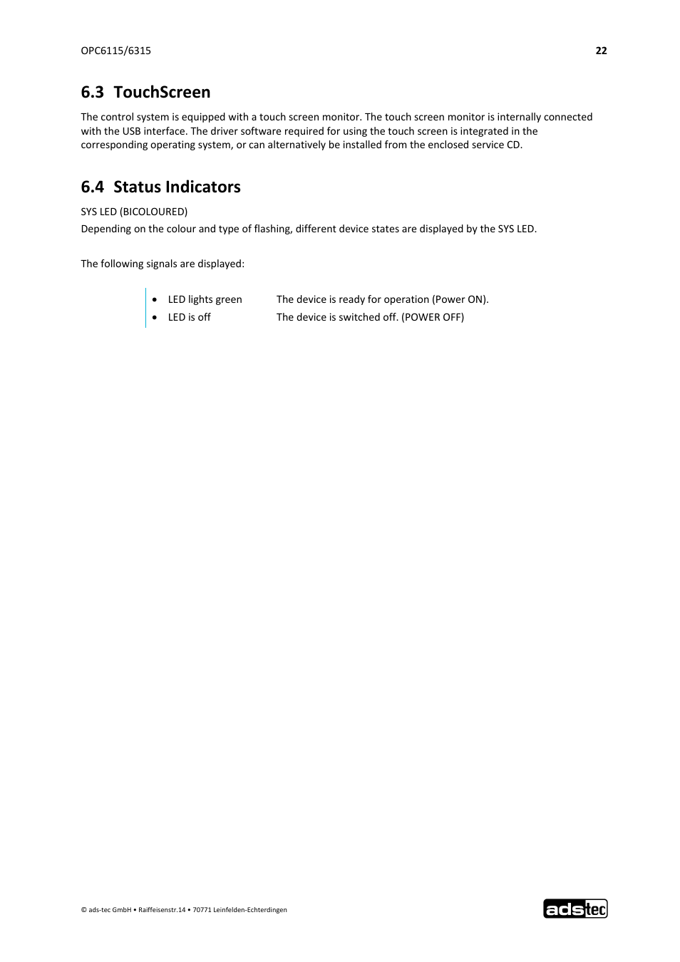 3 touchscreen, 4 status indicators | ADS-TEC OPC6115/6315 User Manual | Page 23 / 42