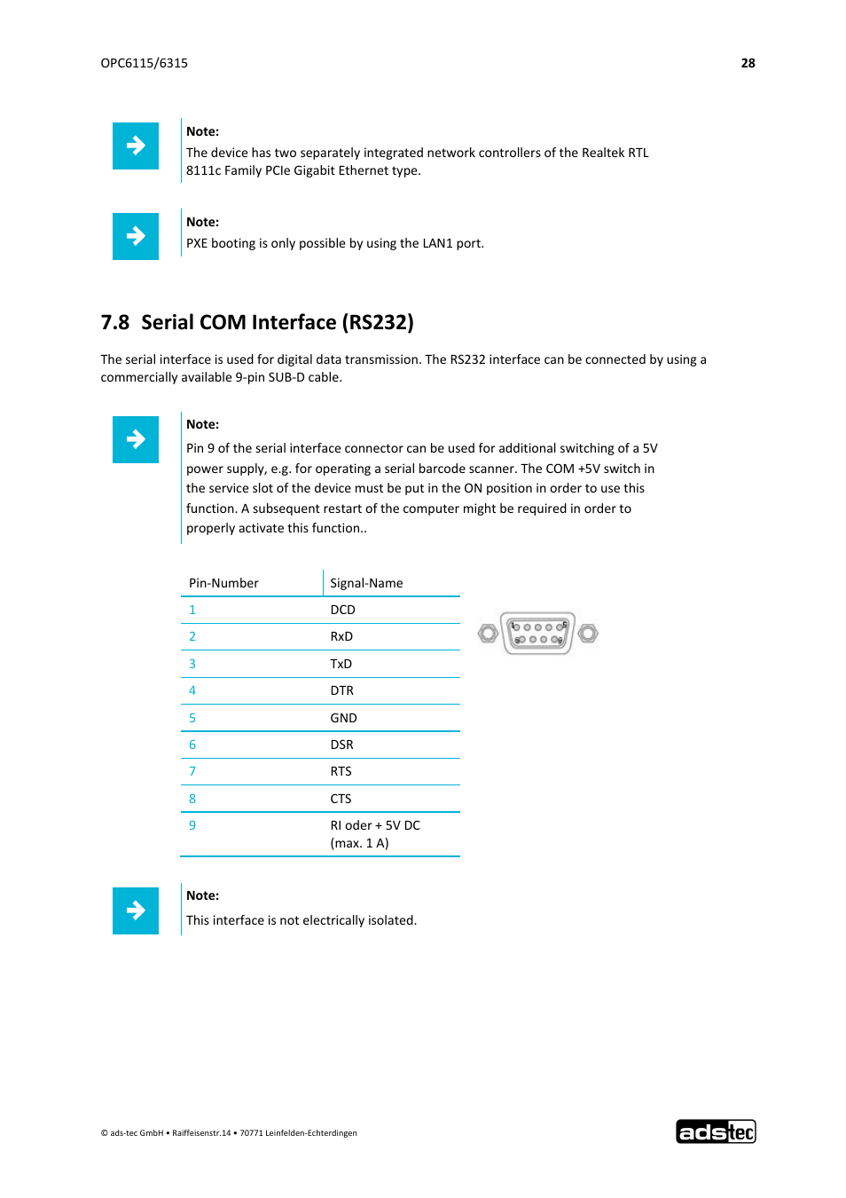 8 serial com interface (rs232) | ADS-TEC OPC6115/6315 User Manual | Page 29 / 42