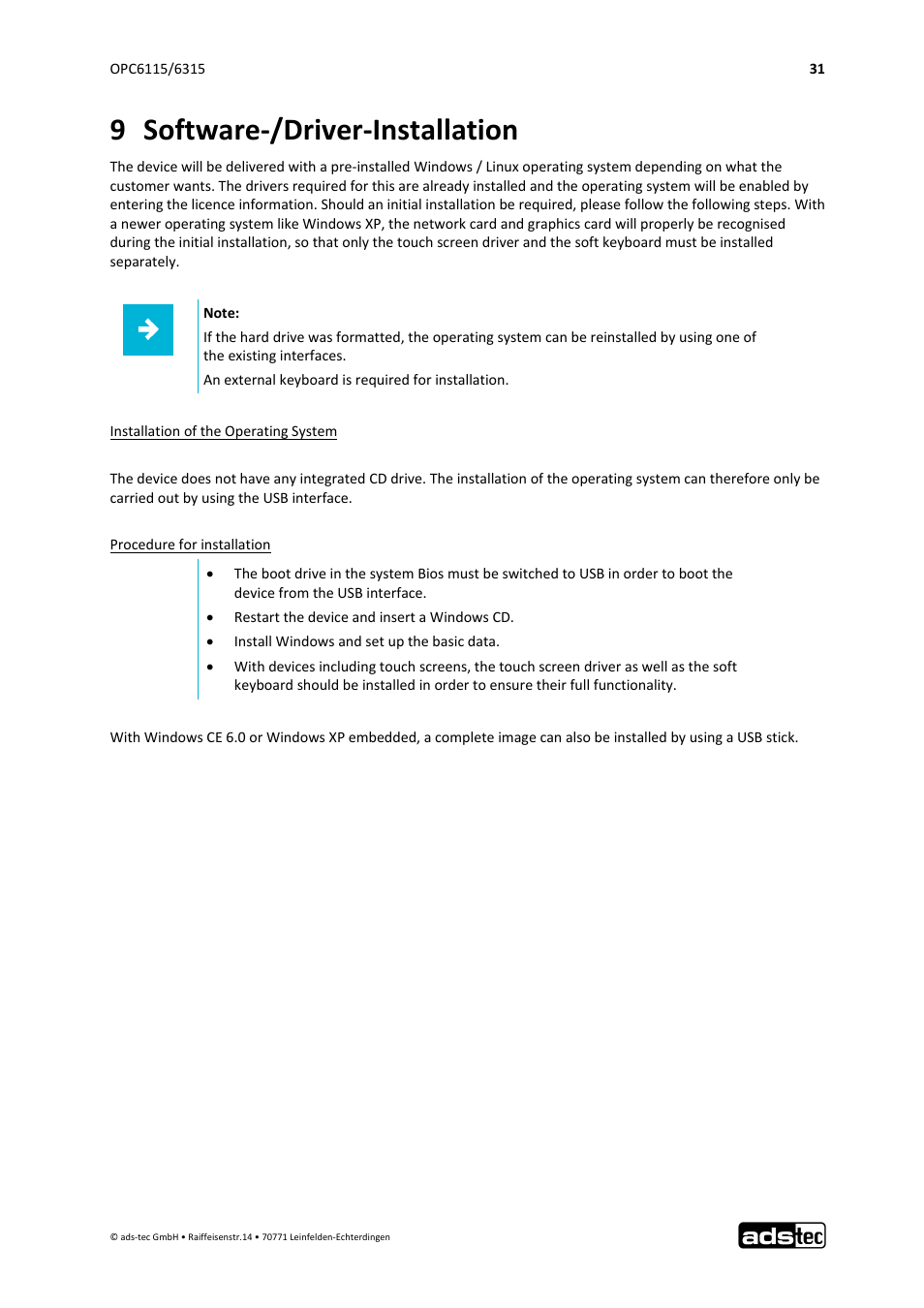 9 software‐/driver‐installation | ADS-TEC OPC6115/6315 User Manual | Page 32 / 42