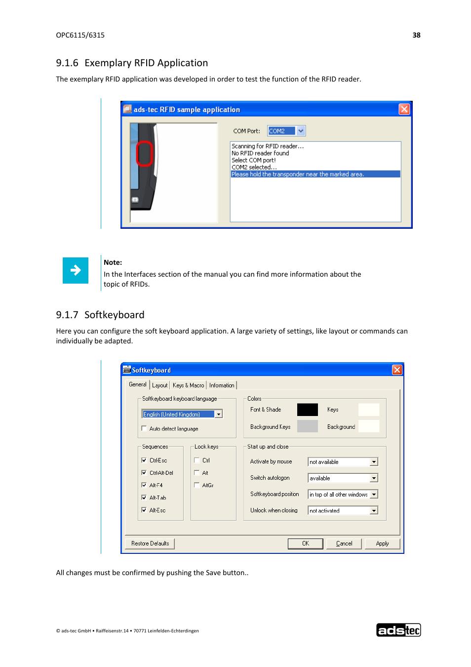 6 exemplary rfid application, 7 softkeyboard | ADS-TEC OPC6115/6315 User Manual | Page 39 / 42