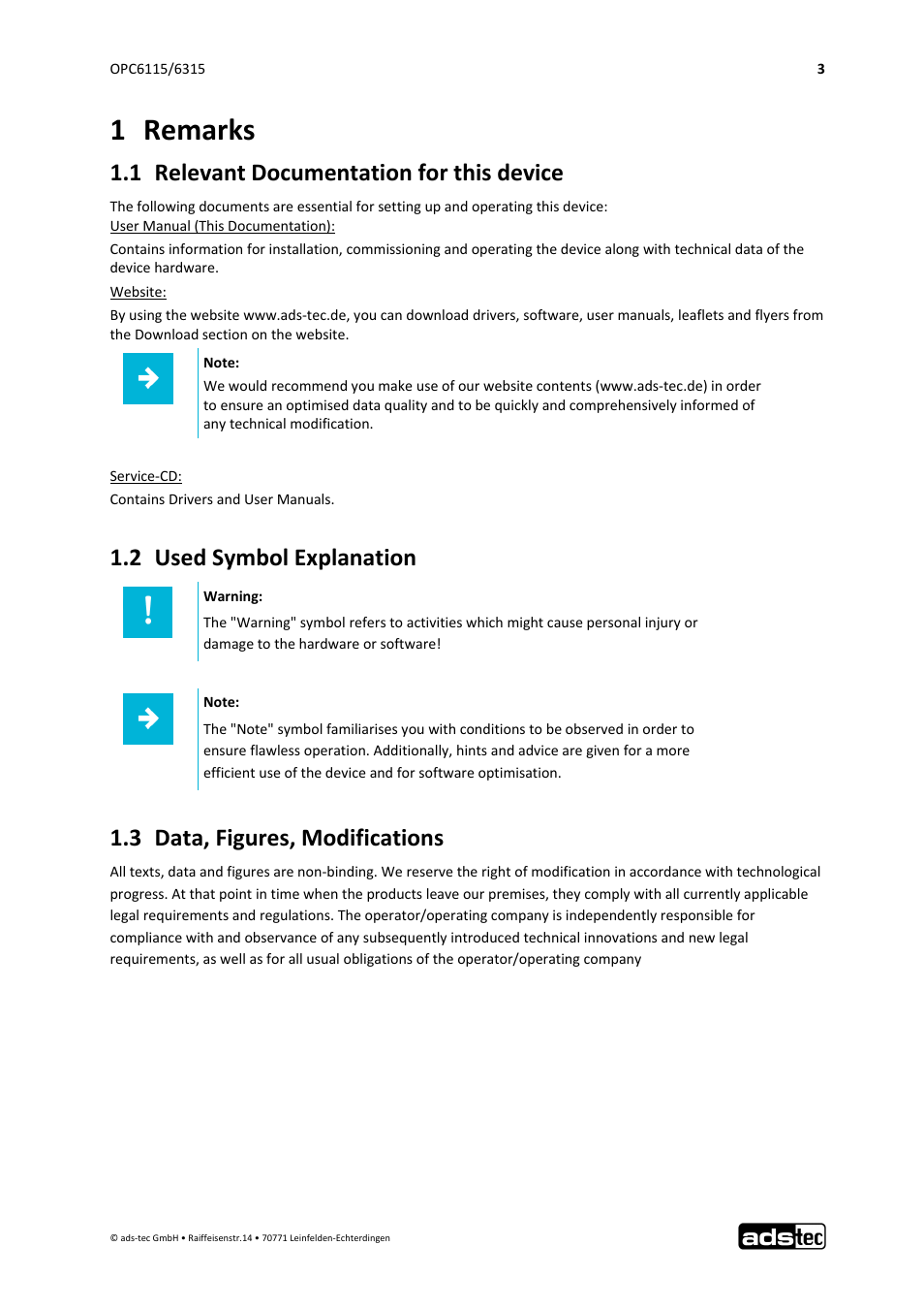 1 remarks, 1 relevant documentation for this device, 2 used symbol explanation | 3 data, figures, modifications | ADS-TEC OPC6115/6315 User Manual | Page 4 / 42
