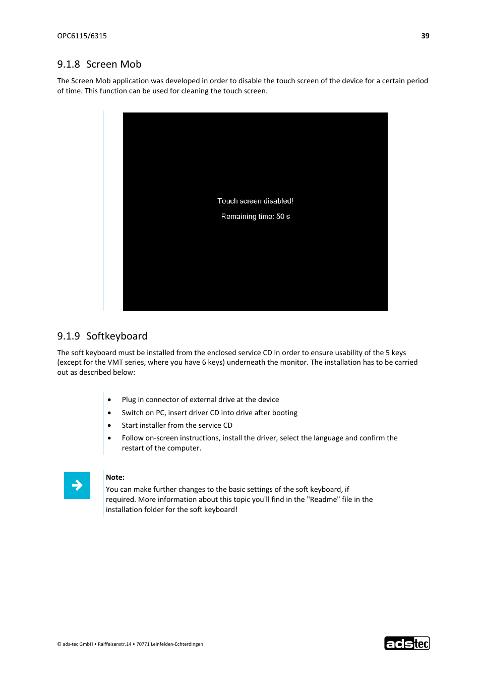 8 screen mob, 9 softkeyboard | ADS-TEC OPC6115/6315 User Manual | Page 40 / 42