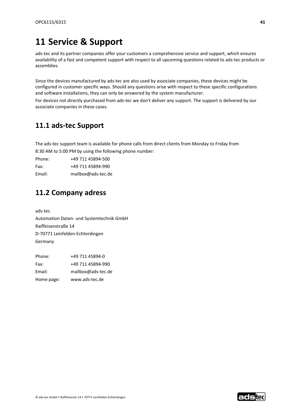 11 service & support, 1 ads‐tec support, 2 company adress | ADS-TEC OPC6115/6315 User Manual | Page 42 / 42