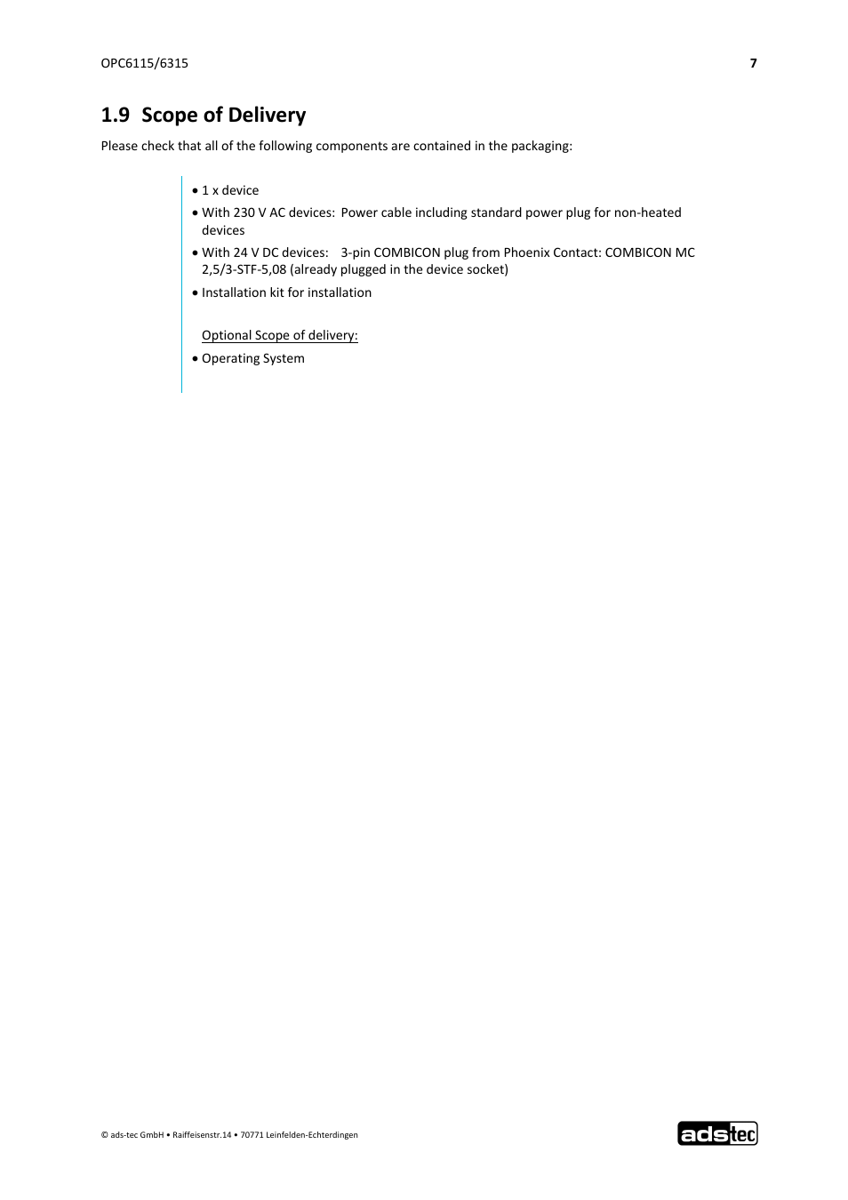 9 scope of delivery | ADS-TEC OPC6115/6315 User Manual | Page 8 / 42