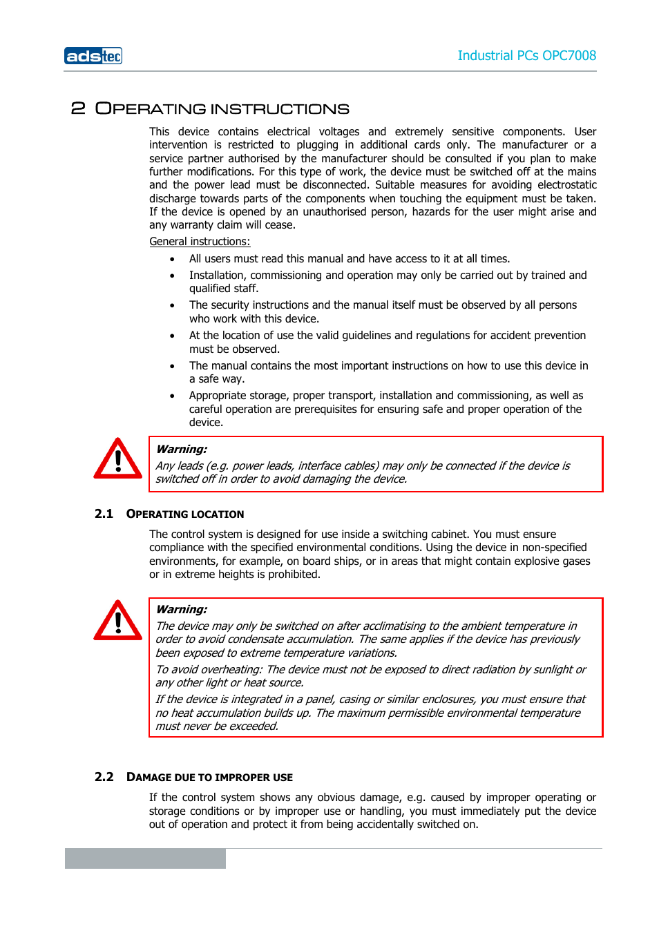 2 operating instructions, 1 operating location, 2 damage due to improper use | Perating instructions | ADS-TEC OPC7008 User Manual | Page 10 / 38