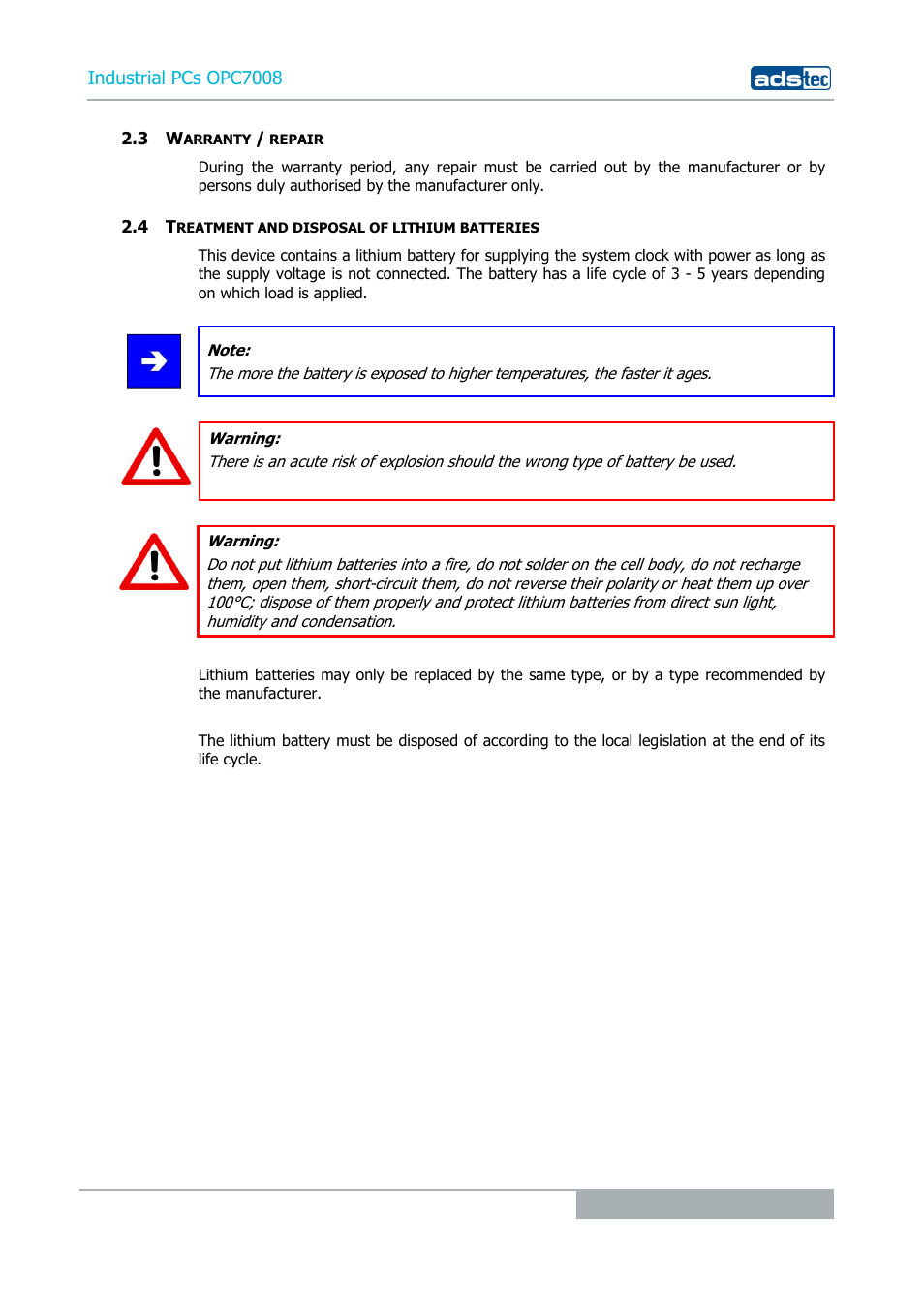 3 warranty / repair, 4 treatment and disposal of lithium batteries, Industrial pcs opc7008 | ADS-TEC OPC7008 User Manual | Page 11 / 38