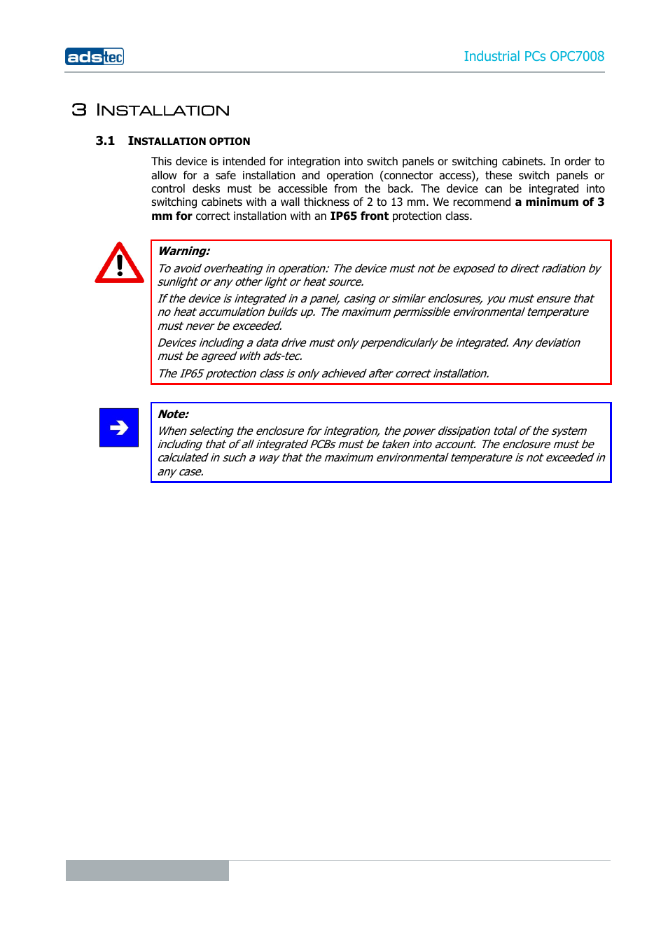 3 installation, 1 installation option, Nstallation | ADS-TEC OPC7008 User Manual | Page 12 / 38