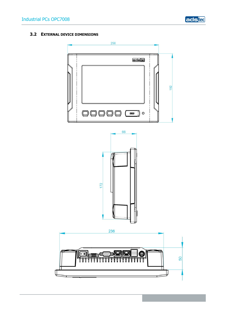 2 external device dimensions, Industrial pcs opc7008 | ADS-TEC OPC7008 User Manual | Page 13 / 38