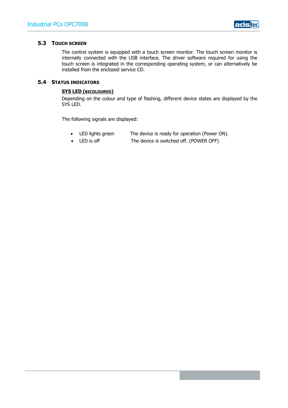3 touch screen, 4 status indicators, Industrial pcs opc7008 | ADS-TEC OPC7008 User Manual | Page 21 / 38