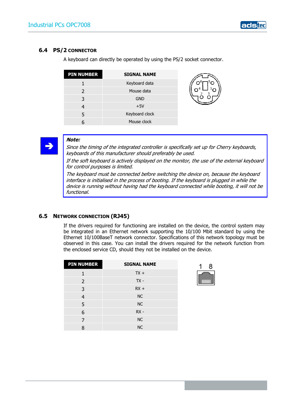 4 ps/2 connector, 5 network connection (rj45), Industrial pcs opc7008 | ADS-TEC OPC7008 User Manual | Page 23 / 38