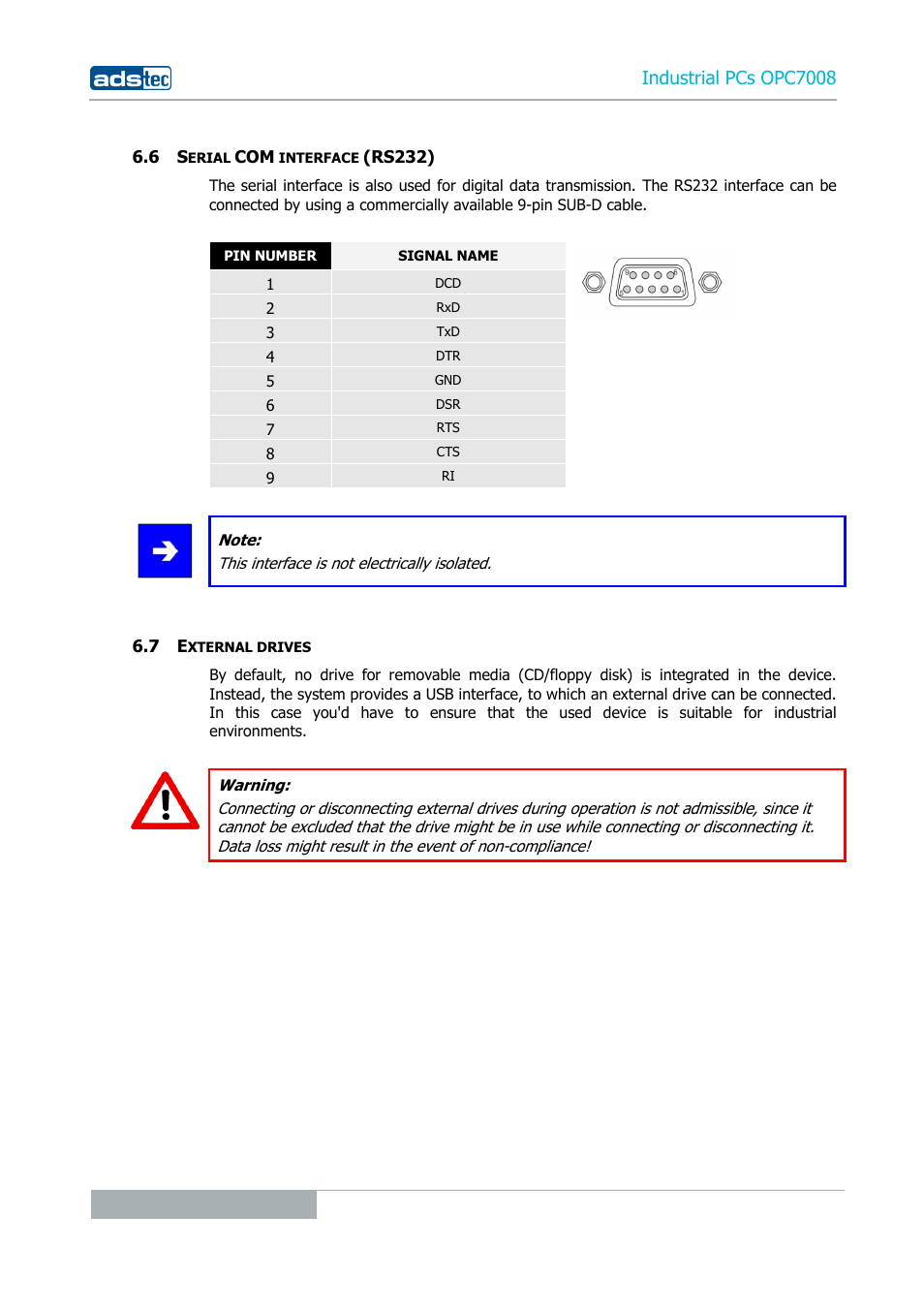 6 serial com interface (rs232), 7 external drives, Industrial pcs opc7008 | ADS-TEC OPC7008 User Manual | Page 24 / 38