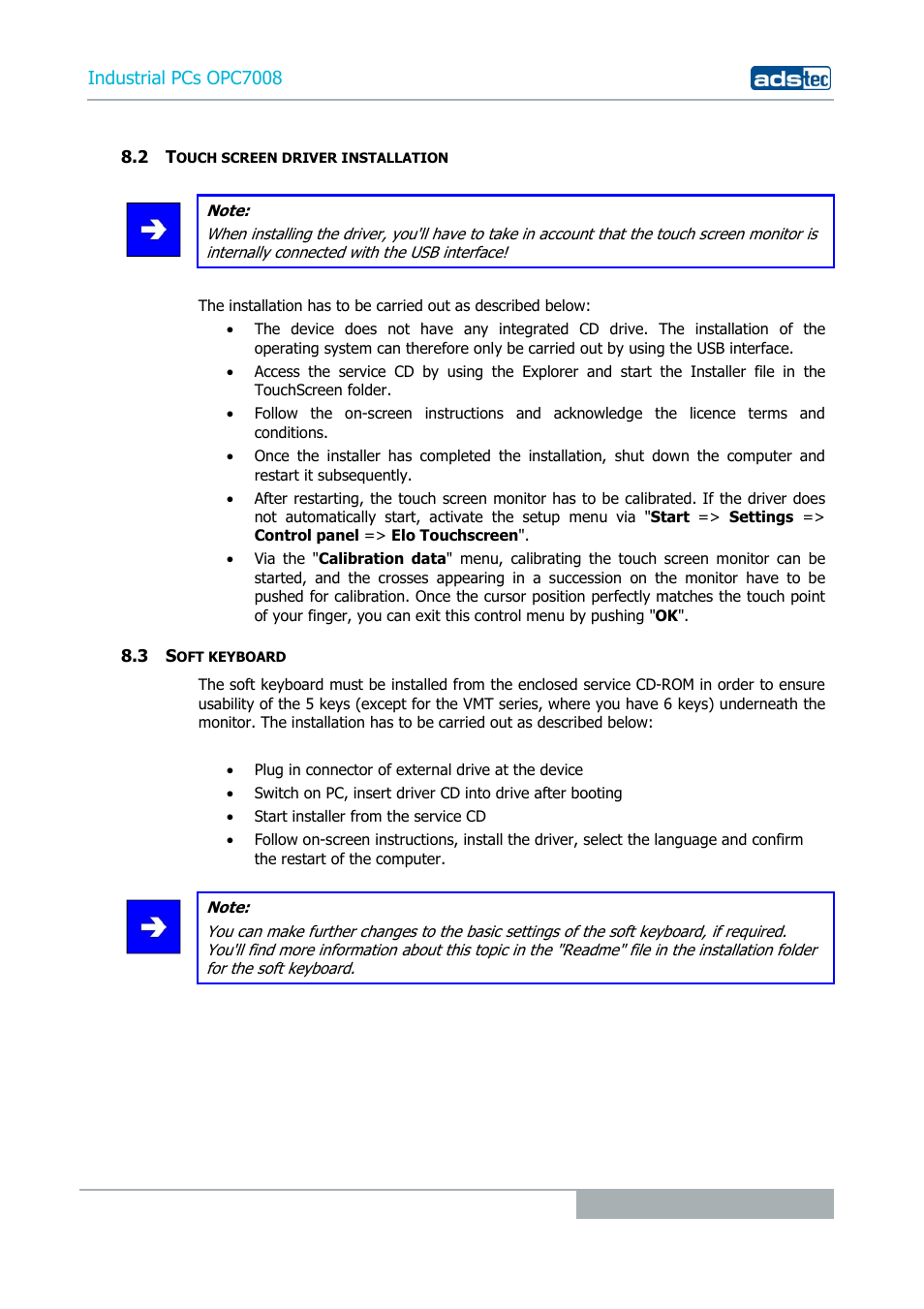 2 touch screen driver installation, 3 soft keyboard, Industrial pcs opc7008 | ADS-TEC OPC7008 User Manual | Page 27 / 38