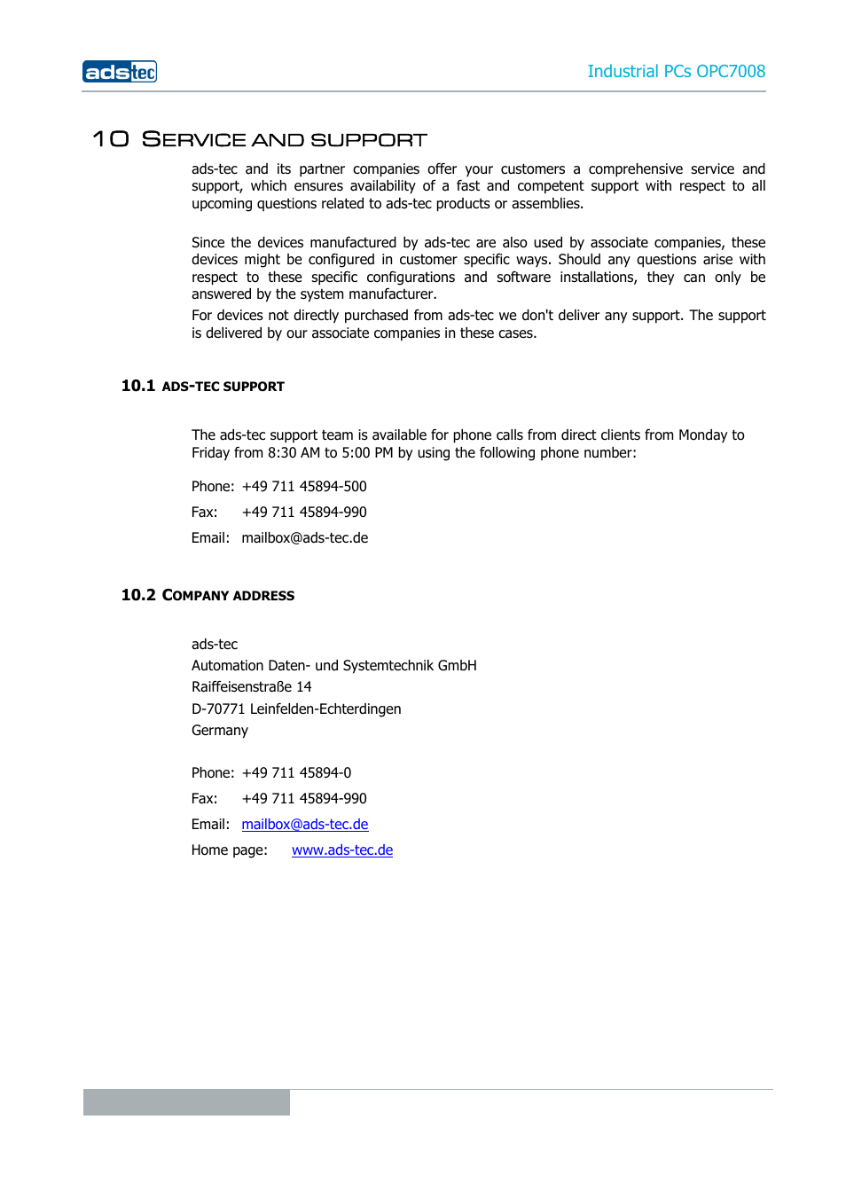 10 service and support, 1 ads-tec support, 2 company address | 10 s, Ervice and support | ADS-TEC OPC7008 User Manual | Page 30 / 38