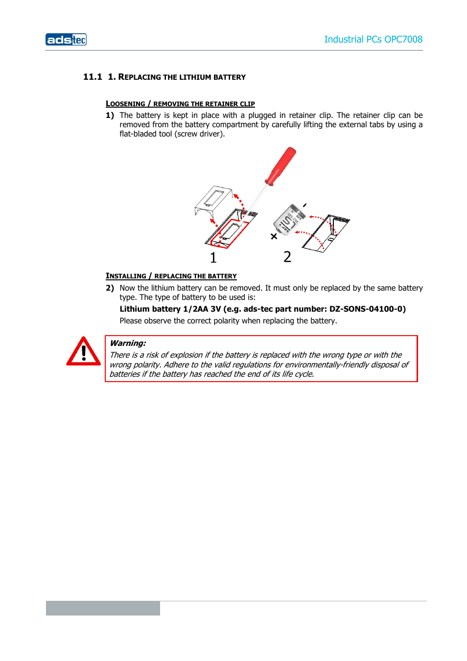 1 1. replacing the lithium battery, Industrial pcs opc7008 | ADS-TEC OPC7008 User Manual | Page 32 / 38