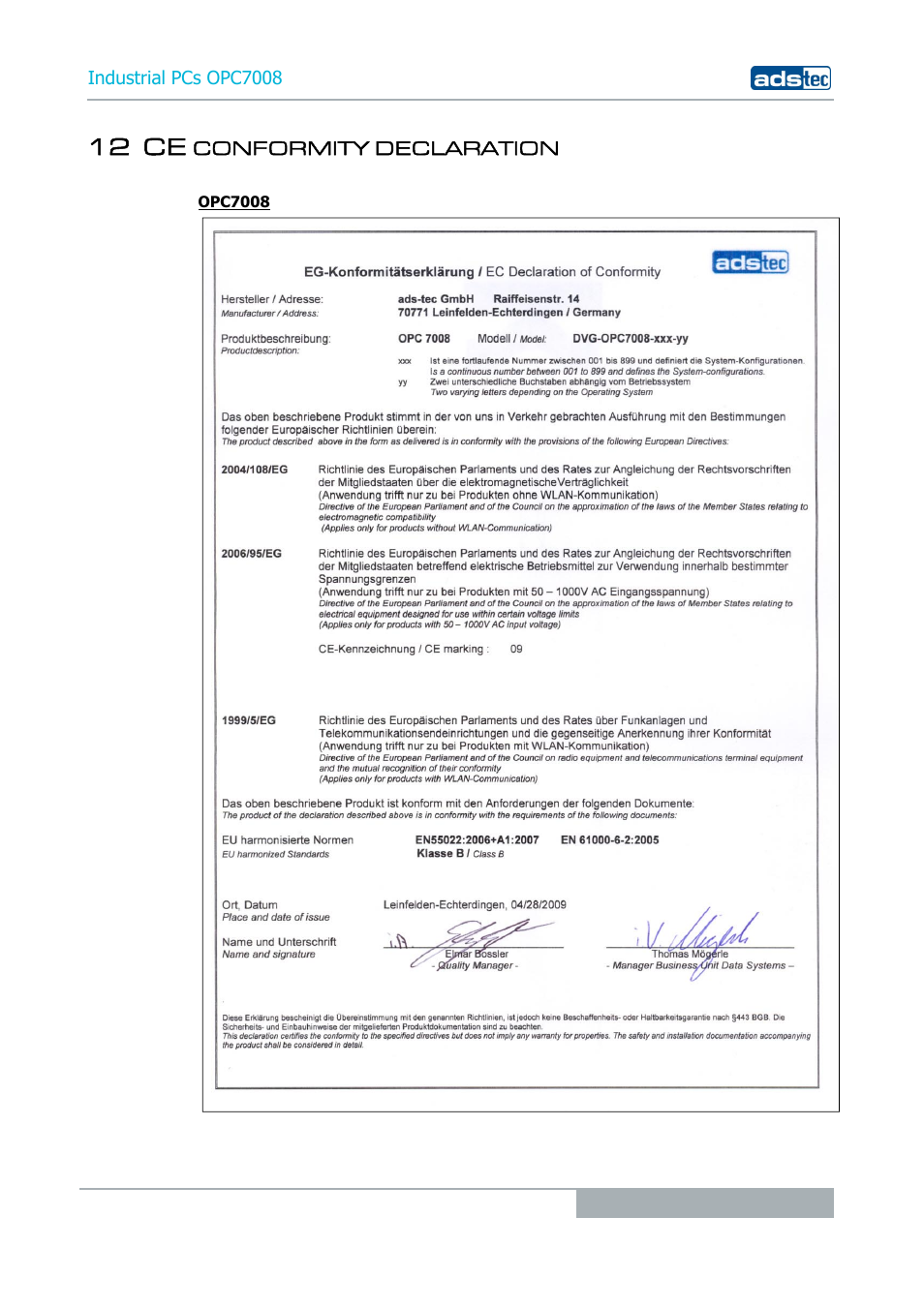 12 ce conformity declaration, 12 ce | ADS-TEC OPC7008 User Manual | Page 35 / 38