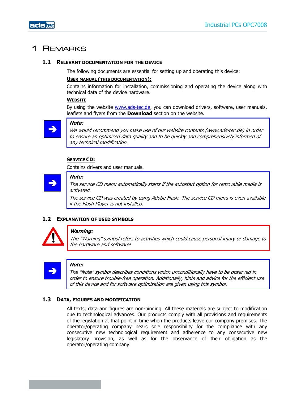 1 remarks, 1 relevant documentation for the device, 2 explanation of used symbols | 3 data, figures and modification, Emarks | ADS-TEC OPC7008 User Manual | Page 6 / 38