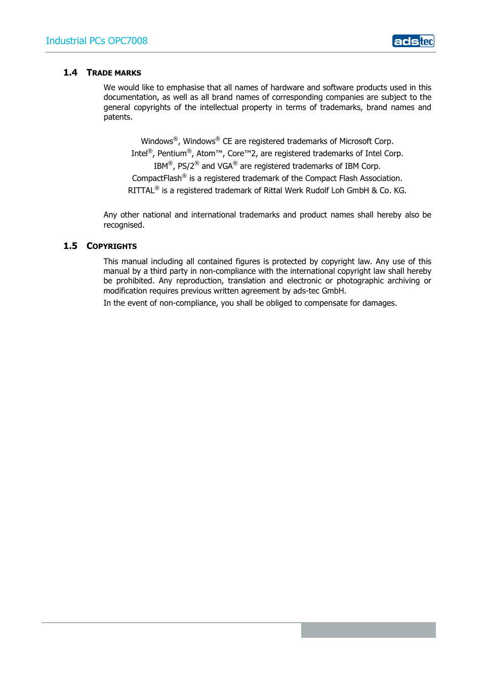 4 trade marks, 5 copyrights, Industrial pcs opc7008 | ADS-TEC OPC7008 User Manual | Page 7 / 38