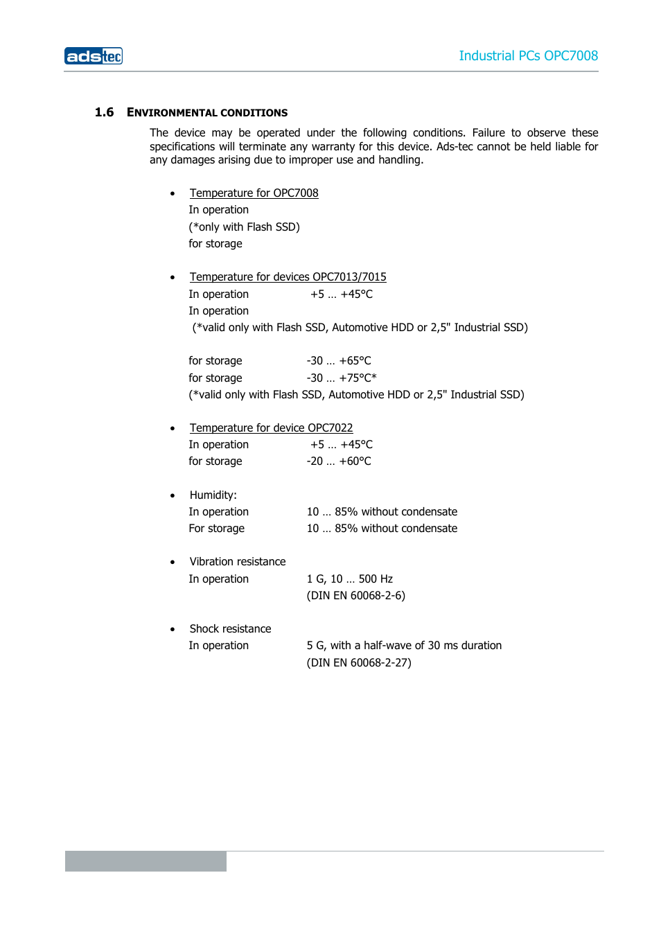 6 environmental conditions, Industrial pcs opc7008 | ADS-TEC OPC7008 User Manual | Page 8 / 38