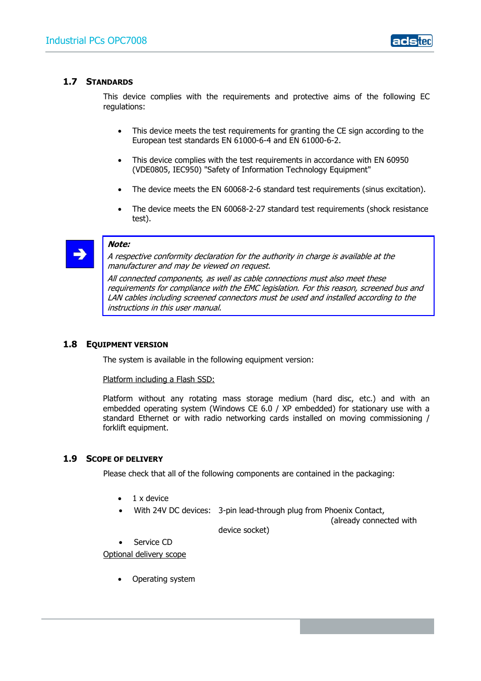 7 standards, 8 equipment version, 9 scope of delivery | Industrial pcs opc7008 | ADS-TEC OPC7008 User Manual | Page 9 / 38