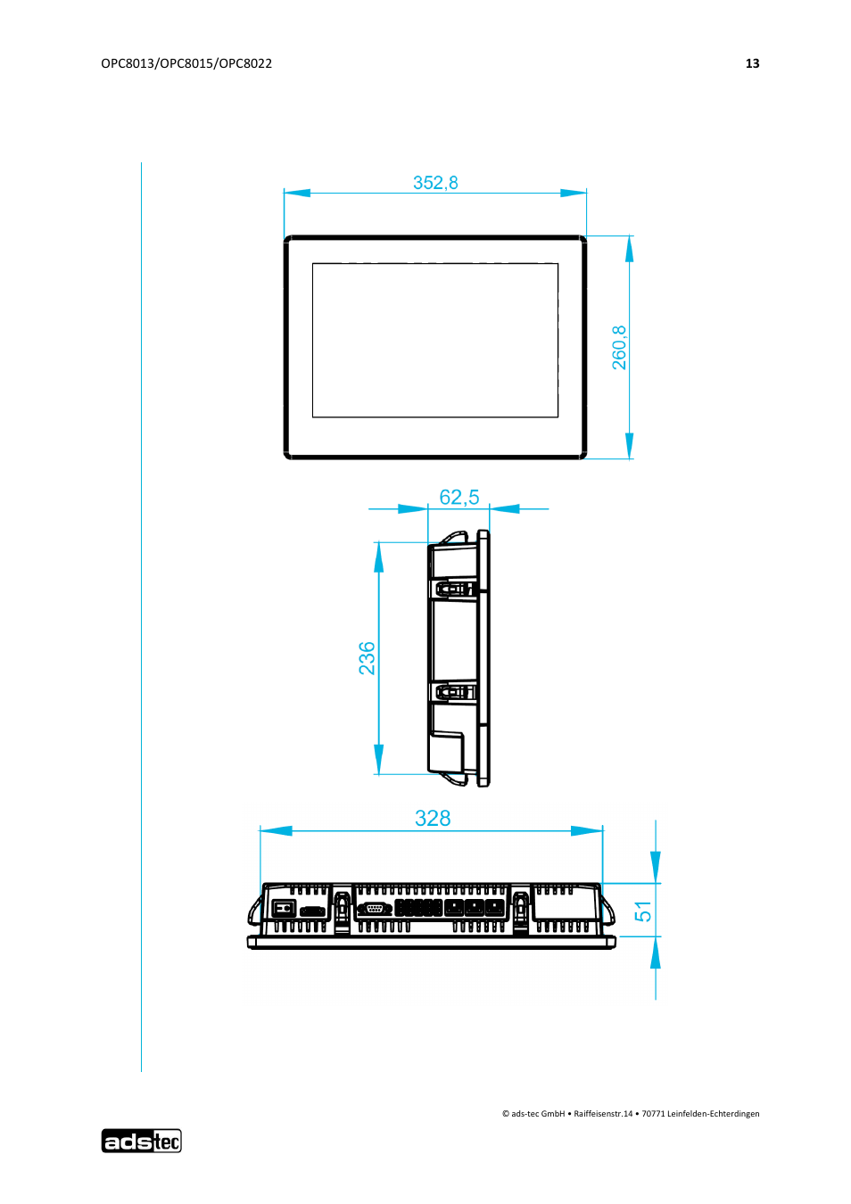 External device dimensions opc8013 | ADS-TEC OPC8013/8015/8022 User Manual | Page 14 / 52