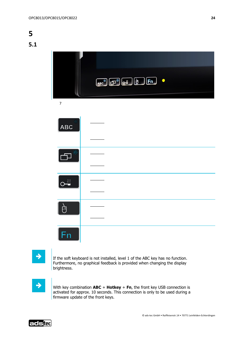 5 operation, 1 front panel operation keys (basic function) | ADS-TEC OPC8013/8015/8022 User Manual | Page 25 / 52