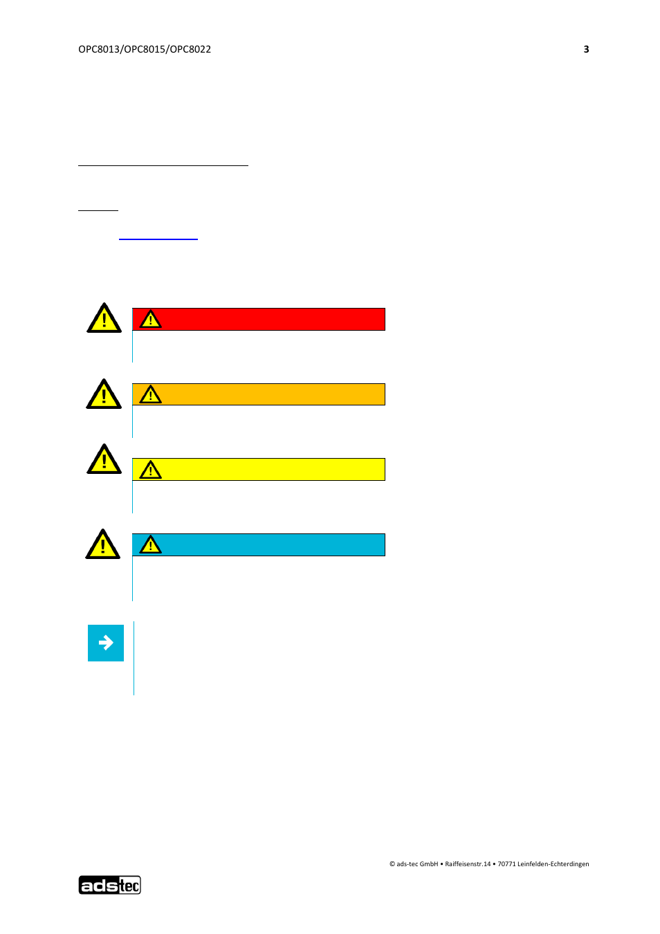 1 notes, Relevant device documentation, Explanation of the warning notices | Data, figures and modifications, 1 relevant device documentation, 2 explanation of the warning notices, 3 data, figures and modifications, Danger, Warning, Caution | ADS-TEC OPC8013/8015/8022 User Manual | Page 4 / 52