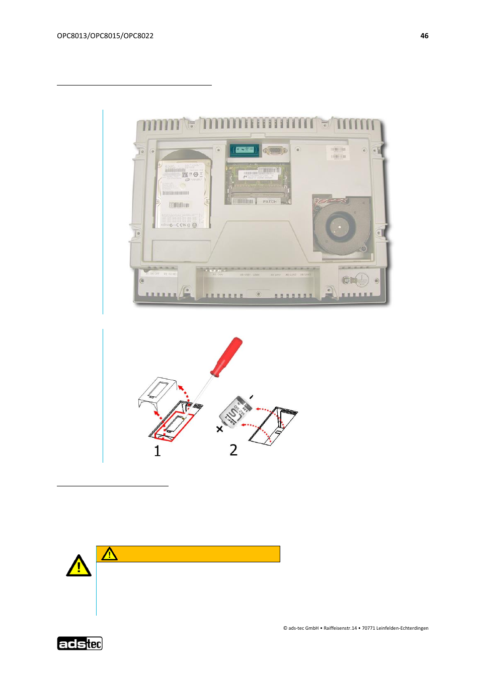 Replacing the lithium battery, 5 replacing the lithium battery, Warning | ADS-TEC OPC8013/8015/8022 User Manual | Page 47 / 52