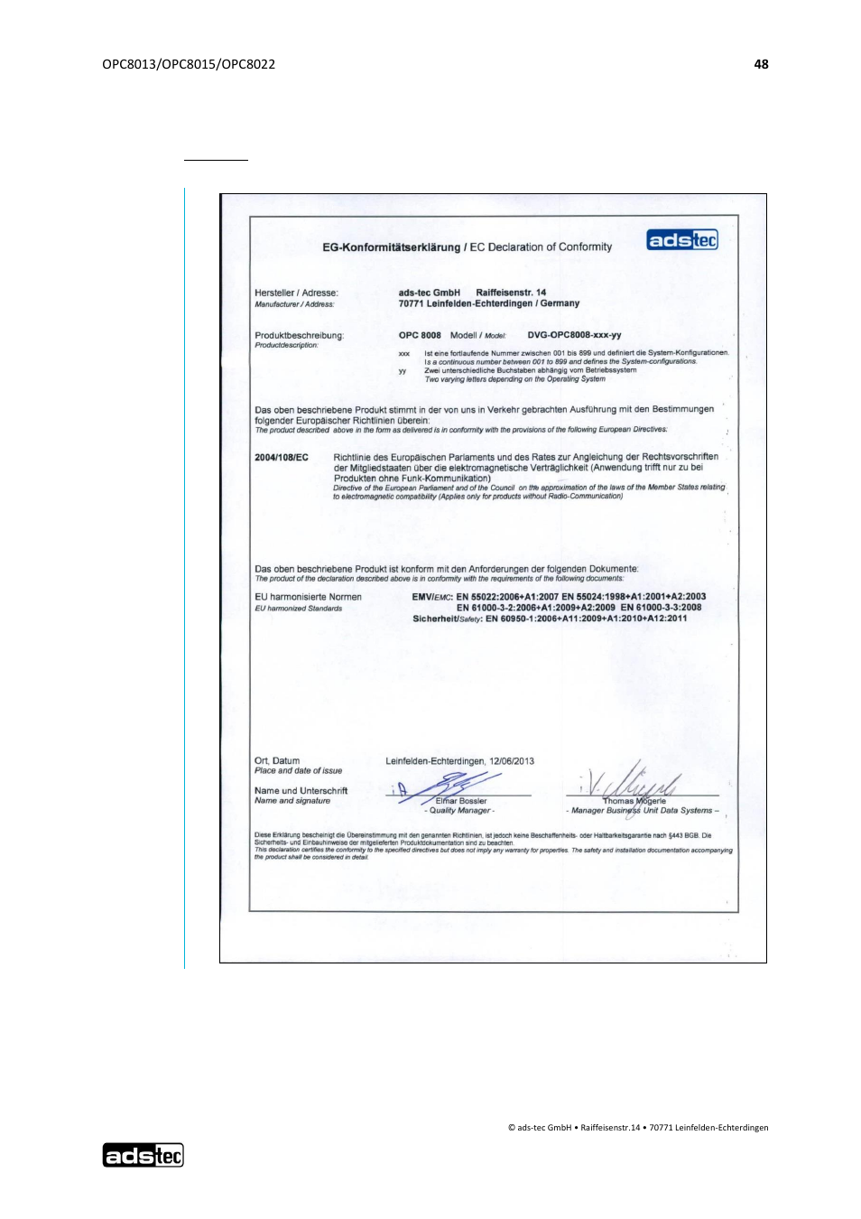 12 declaration of ce-conformity | ADS-TEC OPC8013/8015/8022 User Manual | Page 49 / 52